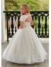 Short Sleeves Ivory Lace Keyhole Back Long Flower Girl Dress